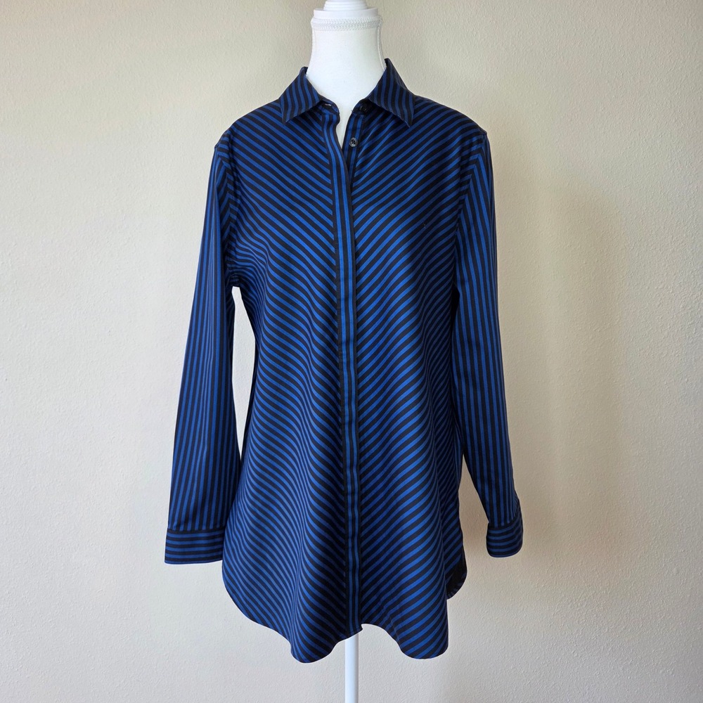 Chico's Blue Black Striped Button Up Tunic Shirt Size 2 US 12 Long Sleeve Cotton